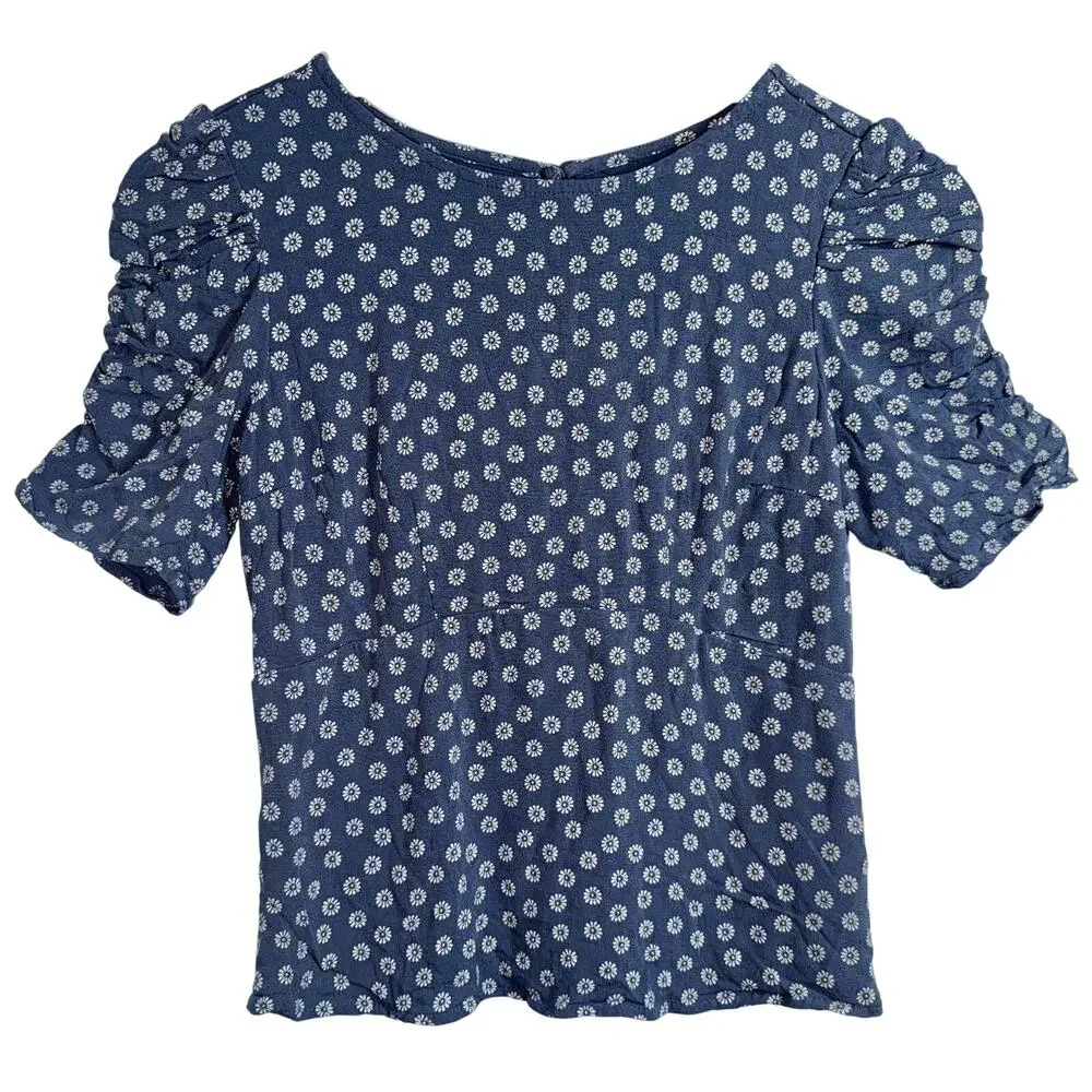 Abercrombie & Fitch Blue White Floral Smocked Puff Sleeve Blouse Top Size Small